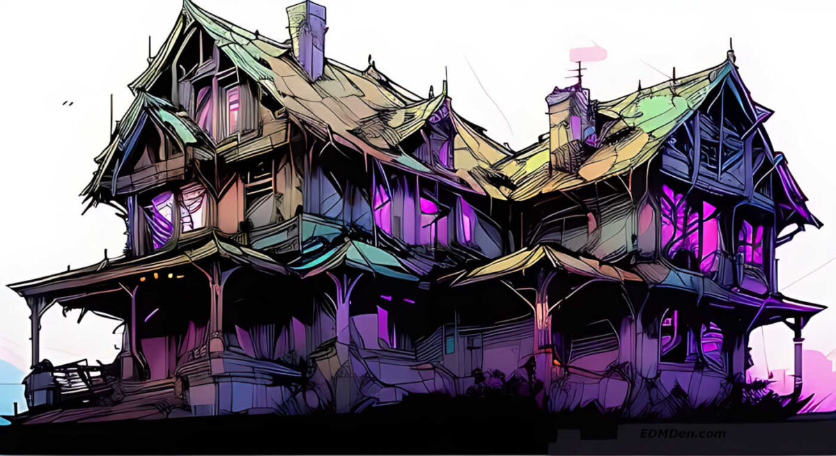 Denver Halloween rave in a haunted house, inkpunk style art