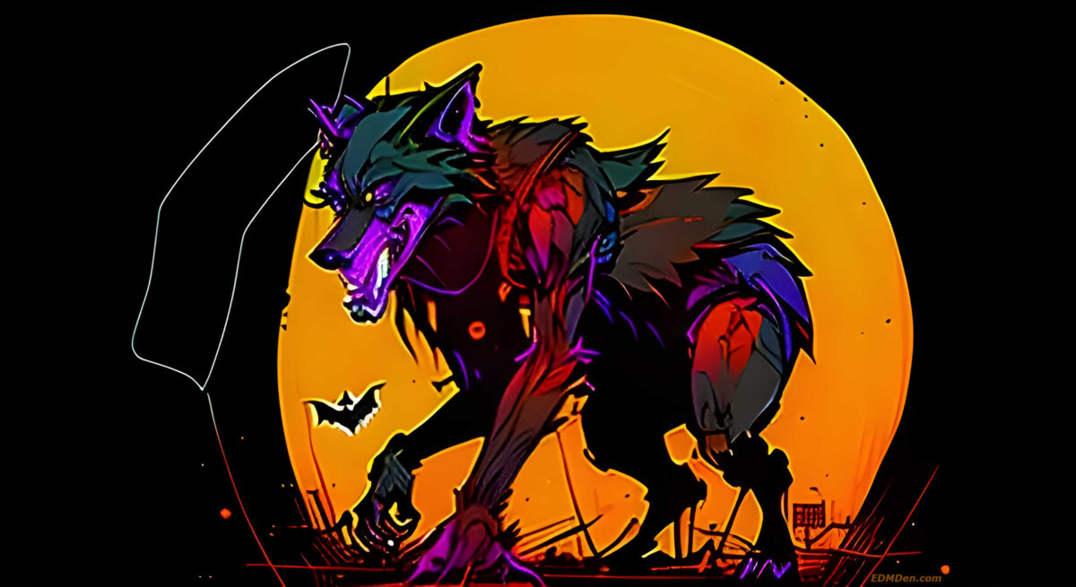 Halloween mix werewolf behind orange moon; art depicting