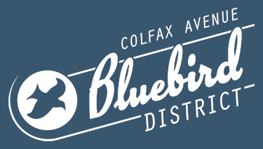 logo for the Bluebird District just font and a graphic silhouette of a bluebird.
