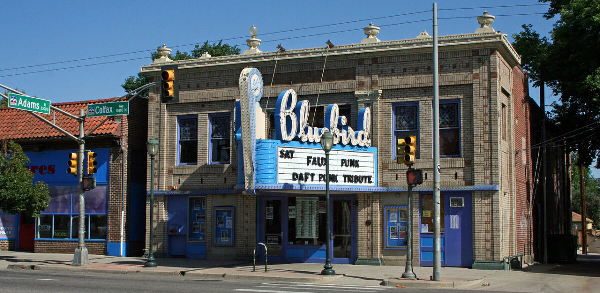Bluebird Theater Denver; outside of the venue with the marquee sign on Colfax Ave.