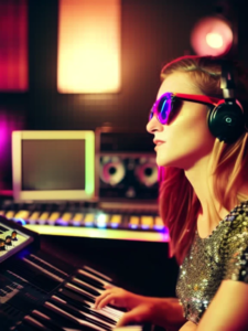 Trendy female EDM producer playing keyboard in a music recording studio with purple lights and equipment in background.