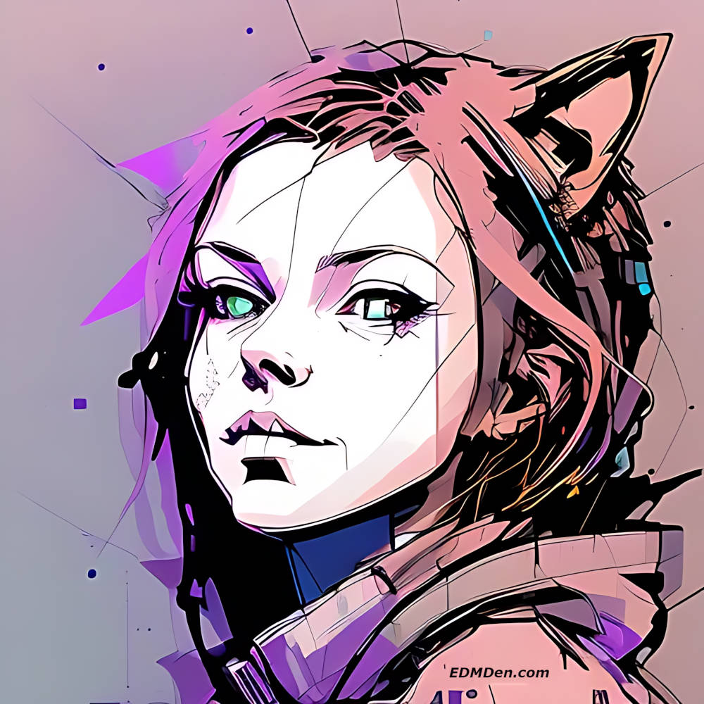 Female EDM artist, psychedelic ink style animation with pink and wolf ears.