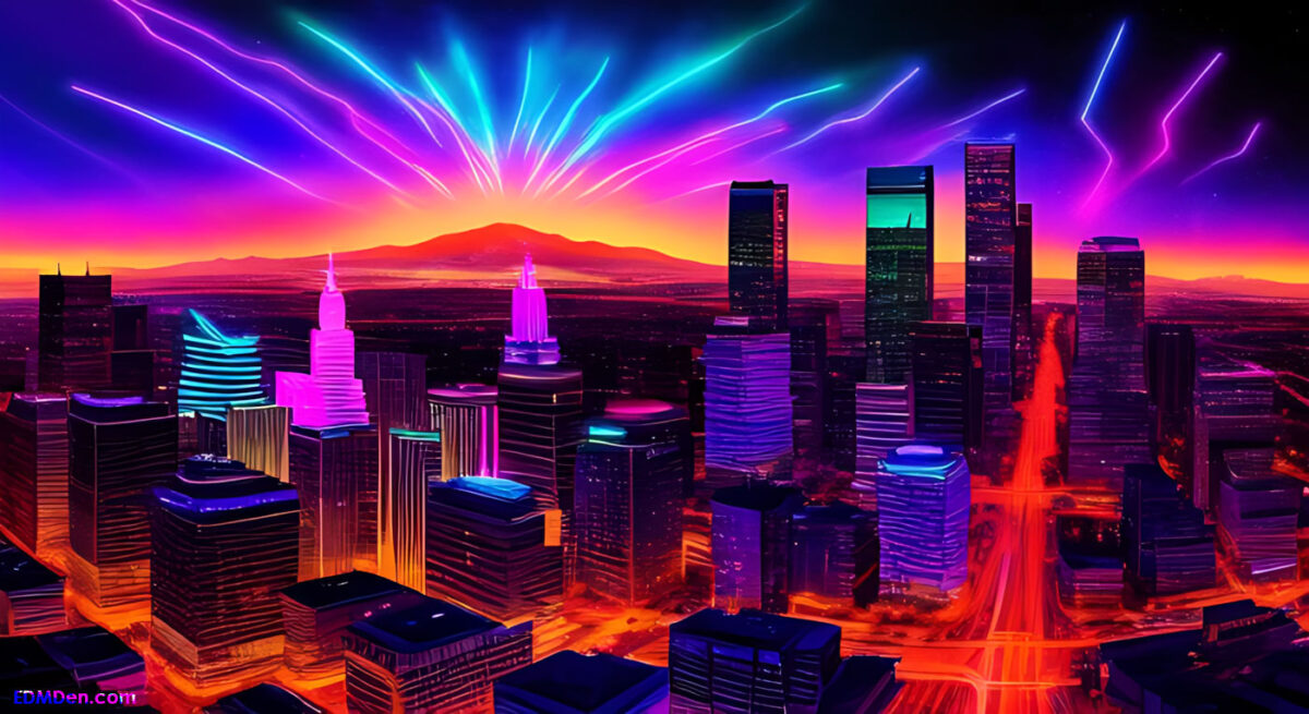 2023 EDM events in Denver; graphic of Denver skyline with neon lights coming out of sun-setting mountainscape - EDMDen.com copyright