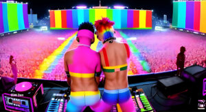 lgbtq+ EDM scene; depicted by two gay men in raver outfits dj-ing in front of a massive audience at gay pride