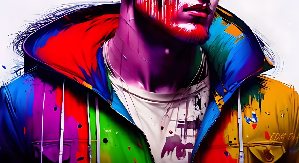 EDM and LGBTQ+ community; graphic with rainbow paint on male wearing a hoodie
