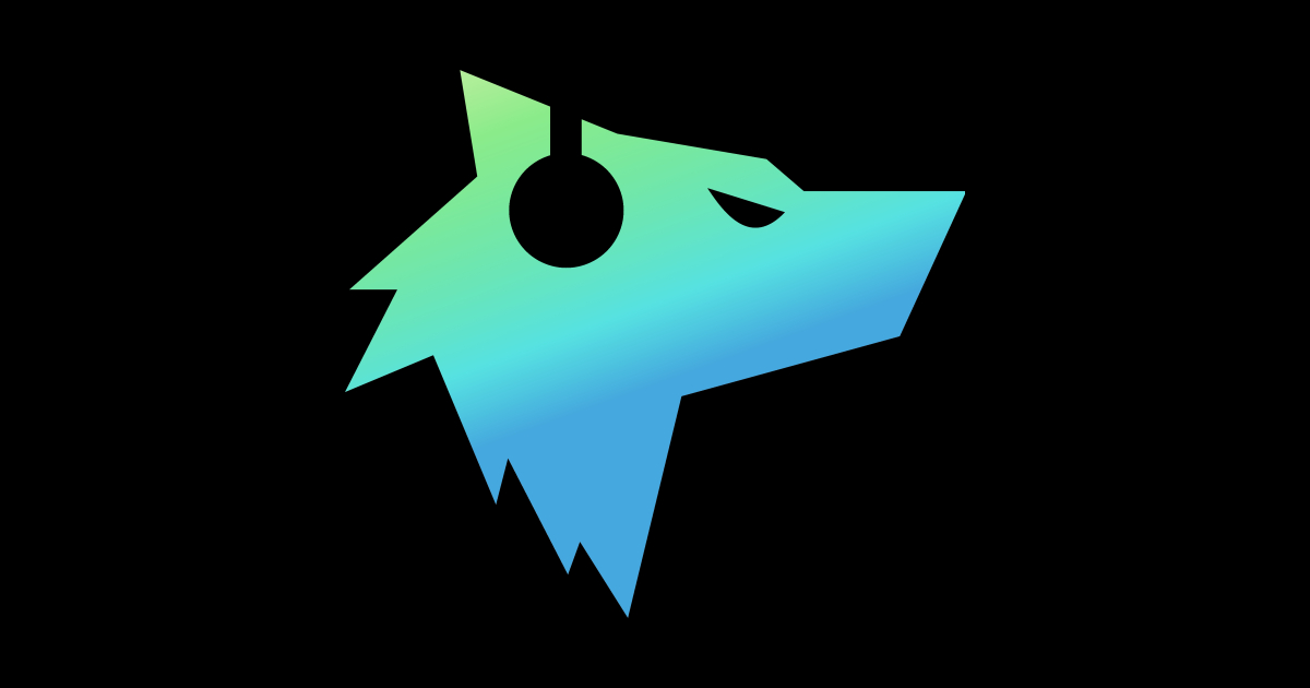EDM company graphic logo; wolf wearing headphones profile with blue to light green gradient shading on a black background.