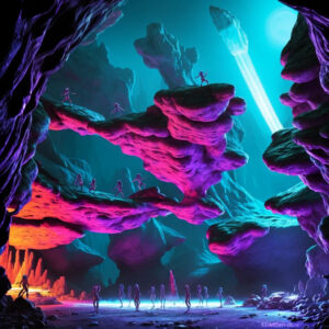 Sci-fi neon colored space rave with rock structures and bright lights and bipedal organisms dancing.