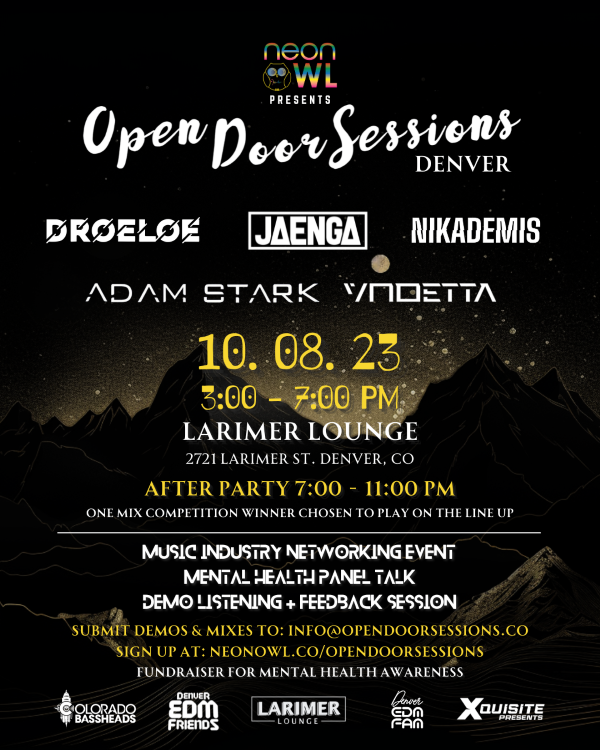 Open Door Sessions Denver featuring DROELOE, mental health talk, demo listening, and more (event flyer mostly text).
