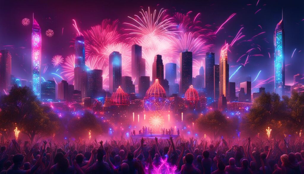 Future skyline of Denver, futuristic Denver, fireworks and NYE concert with audience watching far away stage and light shows. 