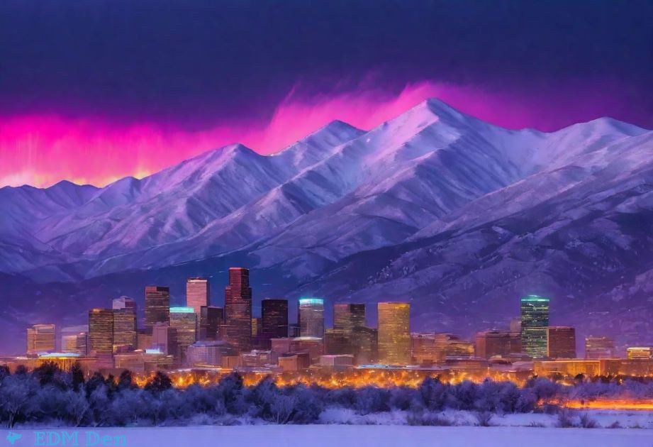 EDM events in Denver; graphic of Denver skyline with neon lights coming out of sun-setting mountainscape - EDMDen.com copyright
