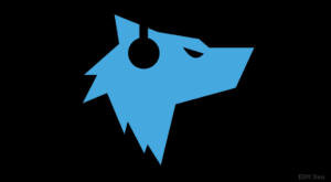 EDM Den's Event Calendar Logo featuring a light-blue trademarked wolf.