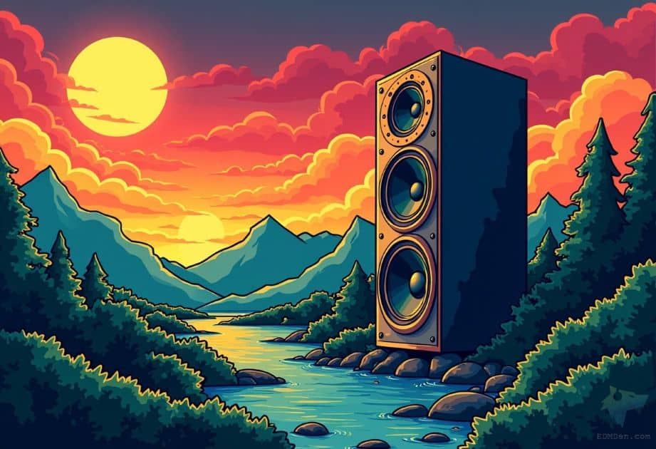 EDM events in Denver; graphic of Denver skyline with neon lights coming out of sun-setting mountainscape - EDMDen.com copyright