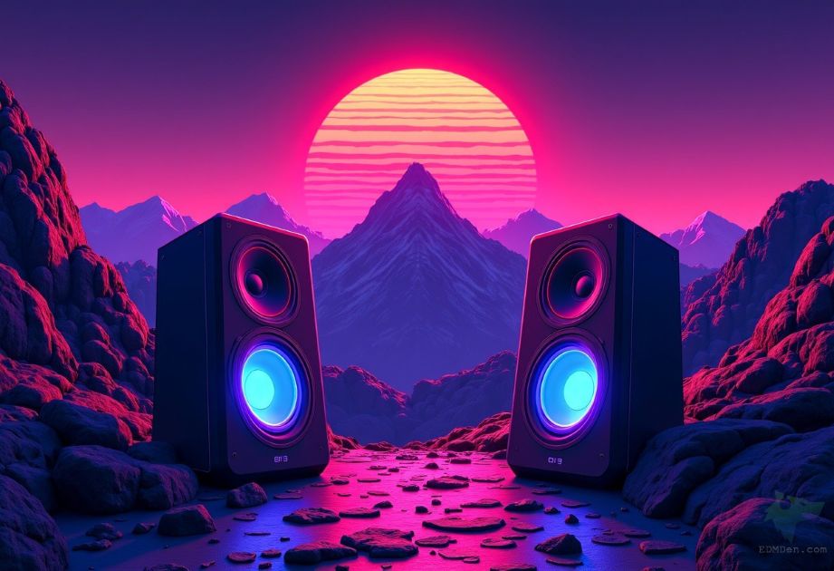 EDM events in Denver; graphic of Denver skyline with neon lights coming out of sun-setting mountainscape - EDMDen.com copyright