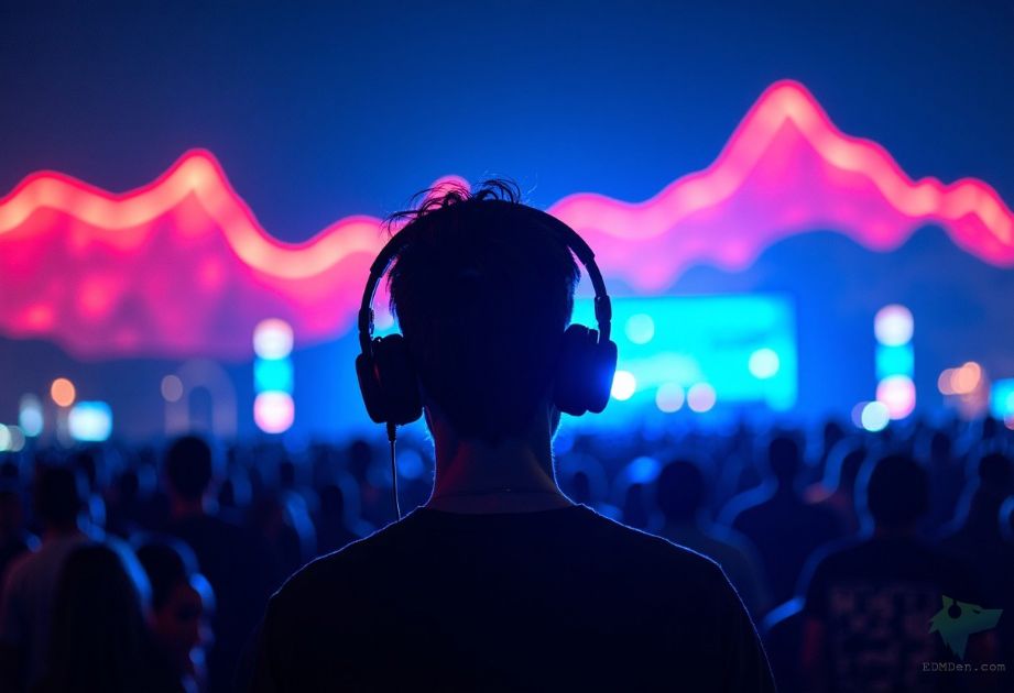 EDM events in Denver; graphic of Denver skyline with neon lights coming out of sun-setting mountainscape - EDMDen.com copyright