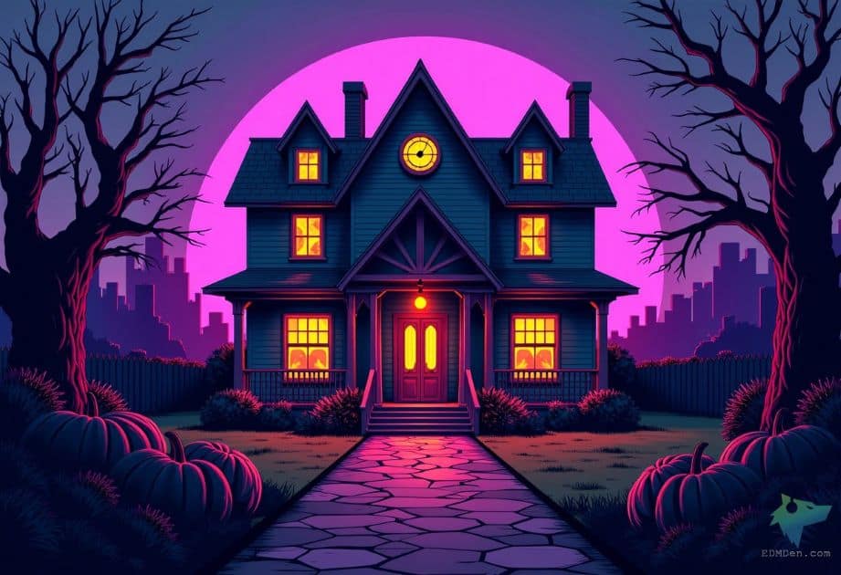 Denver Halloween EDM events; graphic of a haunted house with spooky window glows against a purple sun.