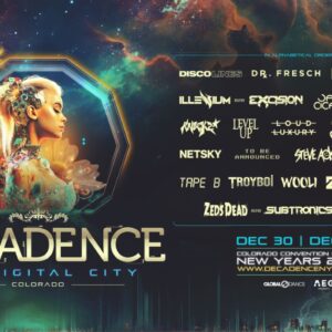 Denver Decadence NYE Festival 2025 - Promo flyer featuring artist names and graphic of a female cybernetic fairy.