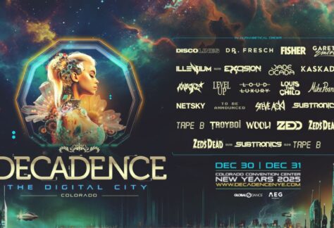 Denver Decadence NYE Festival 2025 - Promo flyer featuring artist names and graphic of a female cybernetic fairy.