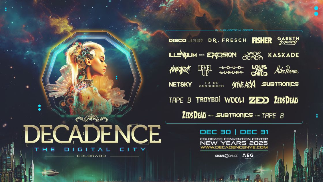 Denver Decadence NYE Festival 2025 - Promo flyer featuring artist names and graphic of a female cybernetic fairy.