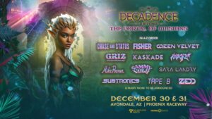 Flyer for Decadence Arizona EDM festival 2025 (neon graphics with female fairy in front of magical arch).