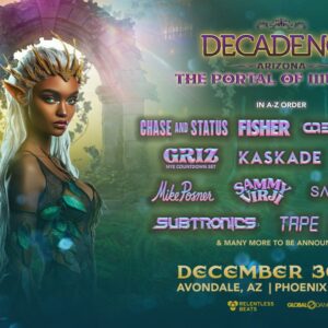 Flyer for Decadence Arizona EDM festival 2025 (neon graphics with female fairy in front of magical arch).