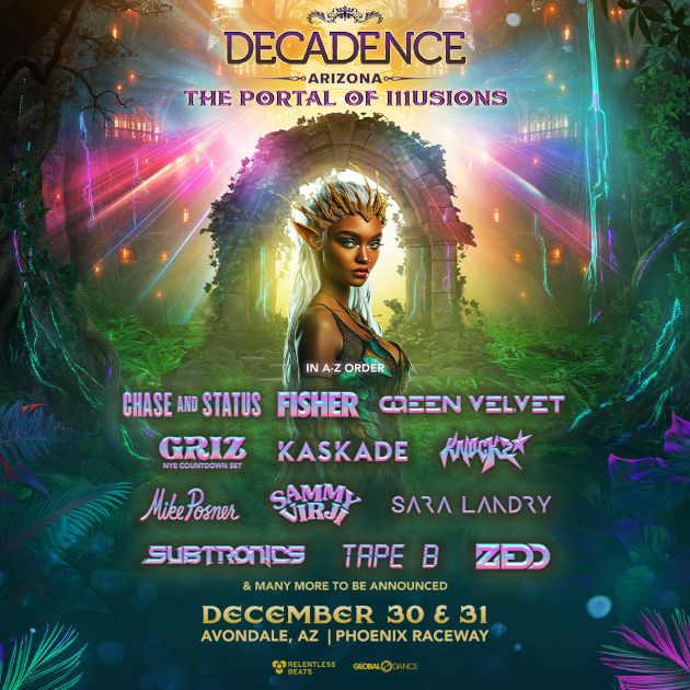 Vertical promo flyer for Phoenix EDM Festival, Decadence Arizona, Dec 30th and 31st, 2025.