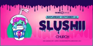 Shushii promo flyer for their EDM concert in Denver, pink background and neon text accents.