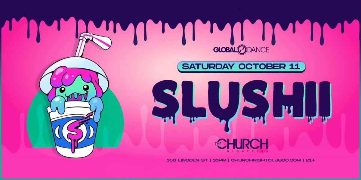 Shushii promo flyer for their EDM concert in Denver, pink background and neon text accents.