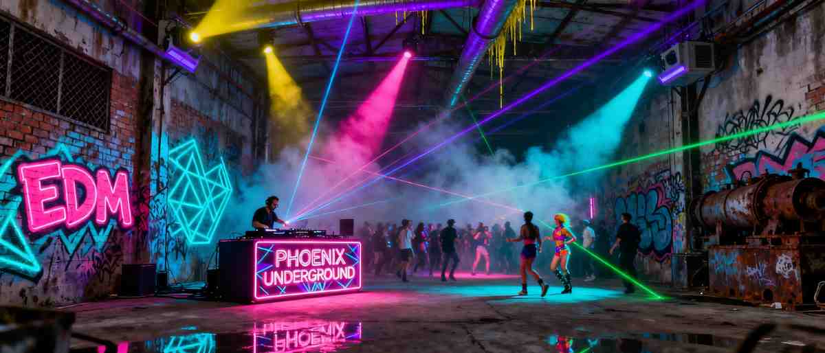 EDM underground NYE event in Phoenix, Arizona (graphic of EDM rave with lights in a concrete underground space)