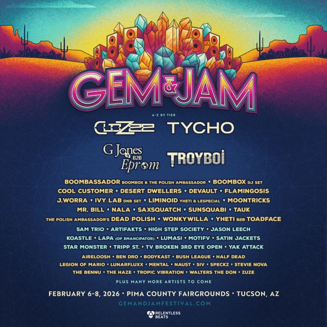 edm artist lineup for Gem & Jam festival 2026 Arizona